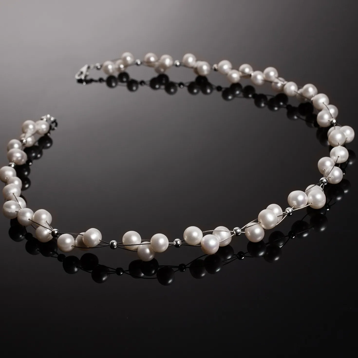 Kette Collier aus Süßwasser Perlen, 3-reihig, creme-weiß, Perlenkette