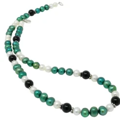 Kette Collier Halskette aus Süßwasser-Perlen & Onyx grün-schwarz-weiß 50cm
