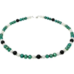 Kette Collier Halskette aus Süßwasser-Perlen & Onyx grün-schwarz-weiß 50cm