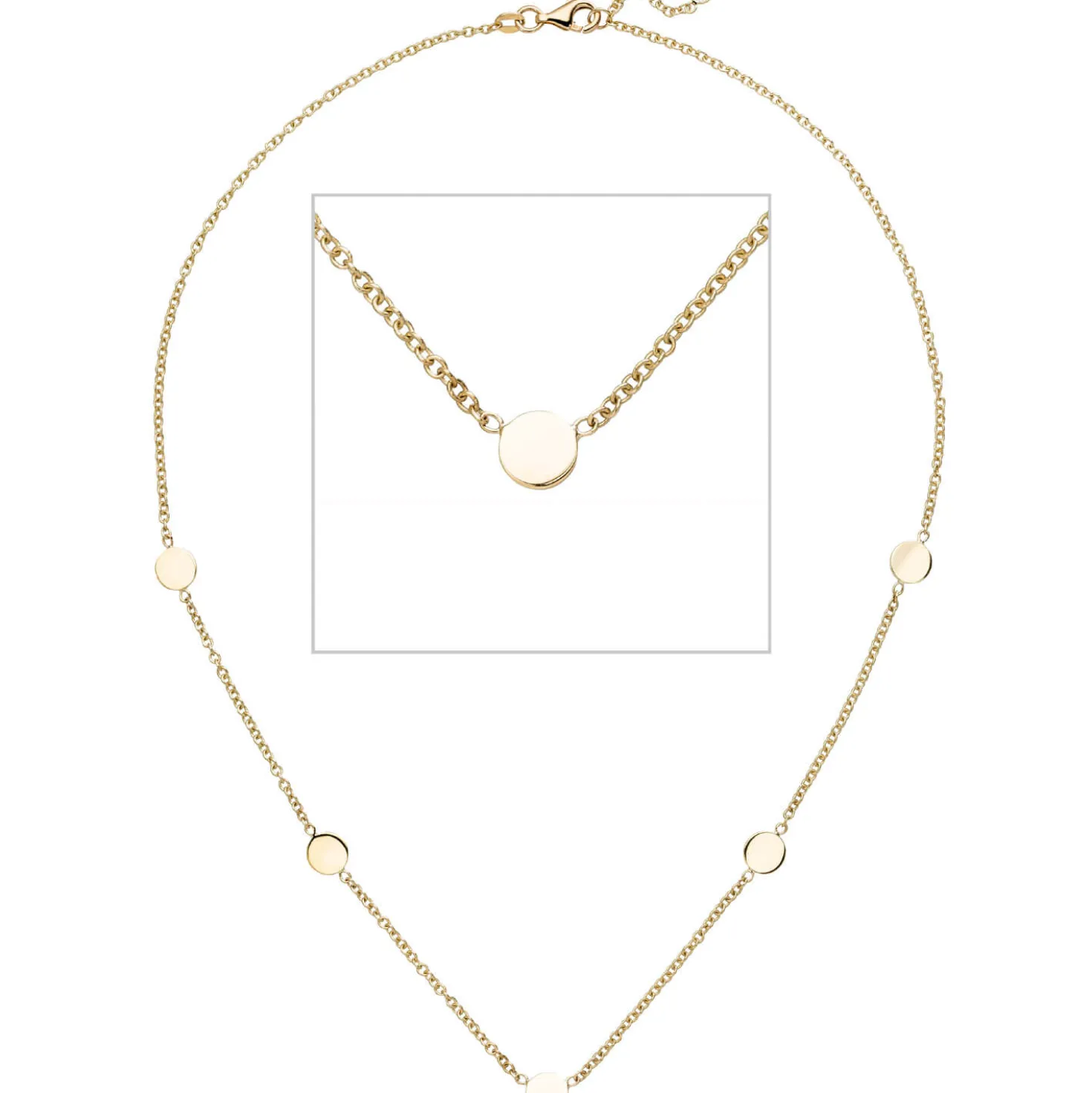 Kette Collier Halskette mit 5 Plättchen flach glänzend 375 Gold Gelbgold 41-43cm