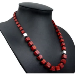 Kette Collier Koralle Würfel & Onyx & 925 Silber rot-braun schwarz Designerkette