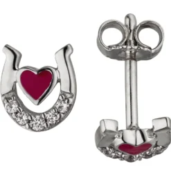 Kinder Ohrstecker Herz rot im Hufeisen mit 10 Zirkonia pink 925 Silber Ohrringe