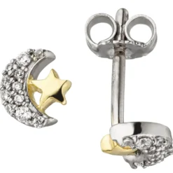 Kinder Ohrstecker Stern & Mond 22 Zirkonia 925 Silber vergoldet bicolor Ohrringe