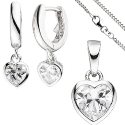 Kinder Schmuck-Set Herz aus 925 Silber mit Zirkonia Anhänger Ohrringe Kette 38cm