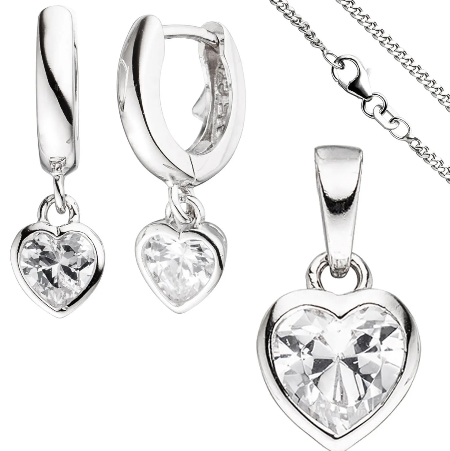 Kinder Schmuck-Set Herz aus 925 Silber mit Zirkonia Anhänger Ohrringe Kette 38cm
