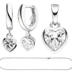 Kinder Schmuck-Set Herz aus 925 Silber mit Zirkonia Anhänger Ohrringe Kette 38cm