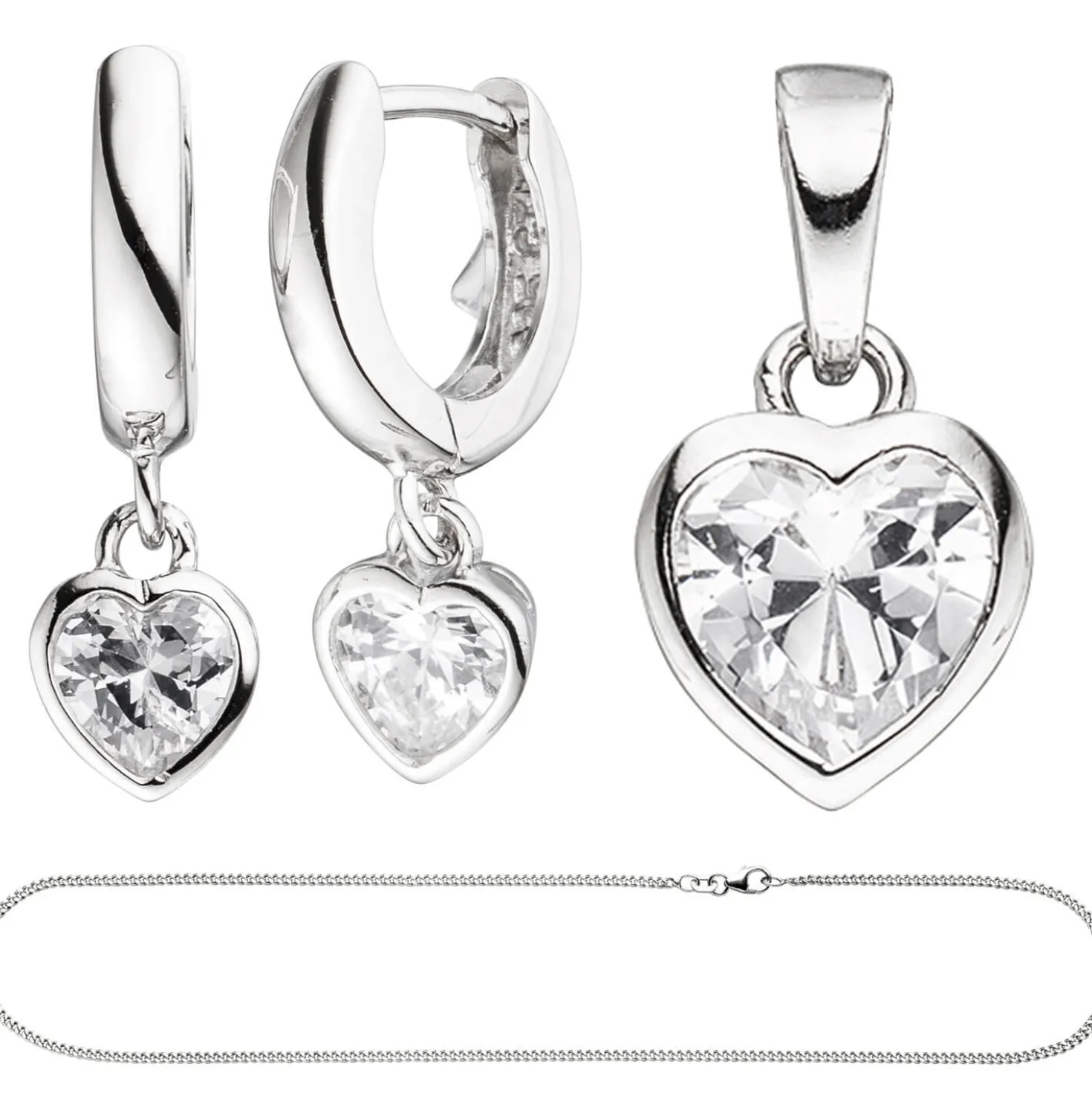 Kinder Schmuck-Set Herz aus 925 Silber mit Zirkonia Anhänger Ohrringe Kette 38cm