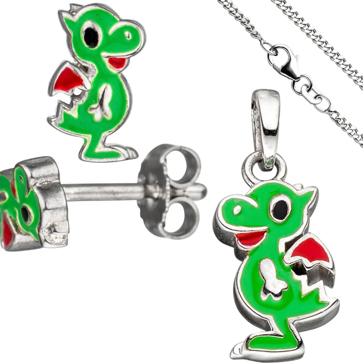 Kinder Schmuck-Set kleiner Drache aus 925 Silber grün lackiert mit Kette 38cm