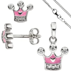 Kinder Schmuck-Set Krone pink rosa 925 Silber Zirkonia mit Kette 42cm