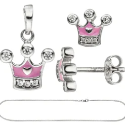 Kinder Schmuck-Set Krone pink rosa 925 Silber Zirkonia mit Kette 38cm