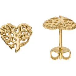 Kleine Ohrstecker 9,2x8mm Herz/Baum Lebensbaum aus 375 Gold Gelbgold Ohrringe