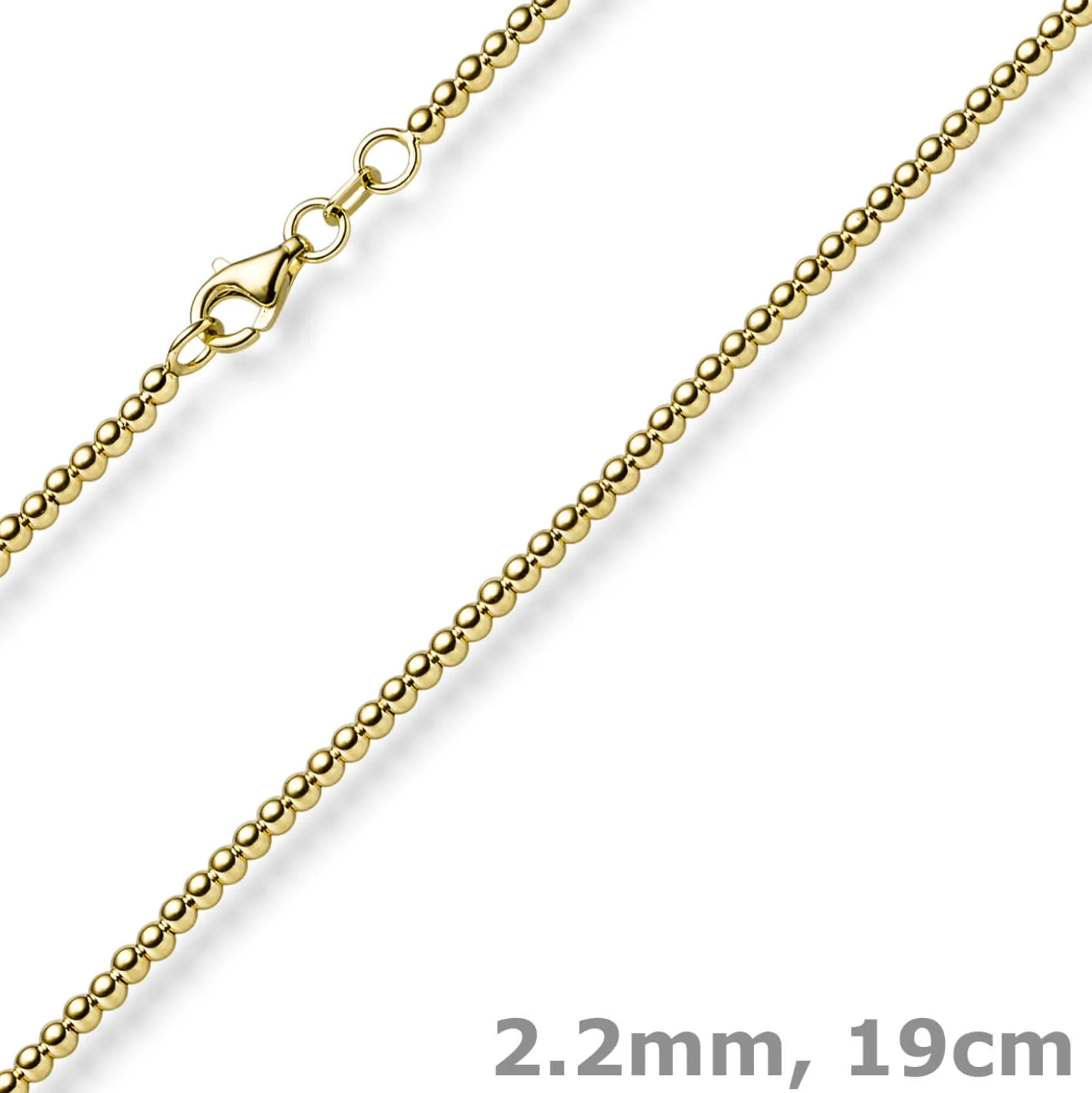 2,2mm Armband Kugelkette aus 585 Gold Gelbgold glatt poliert 19cm