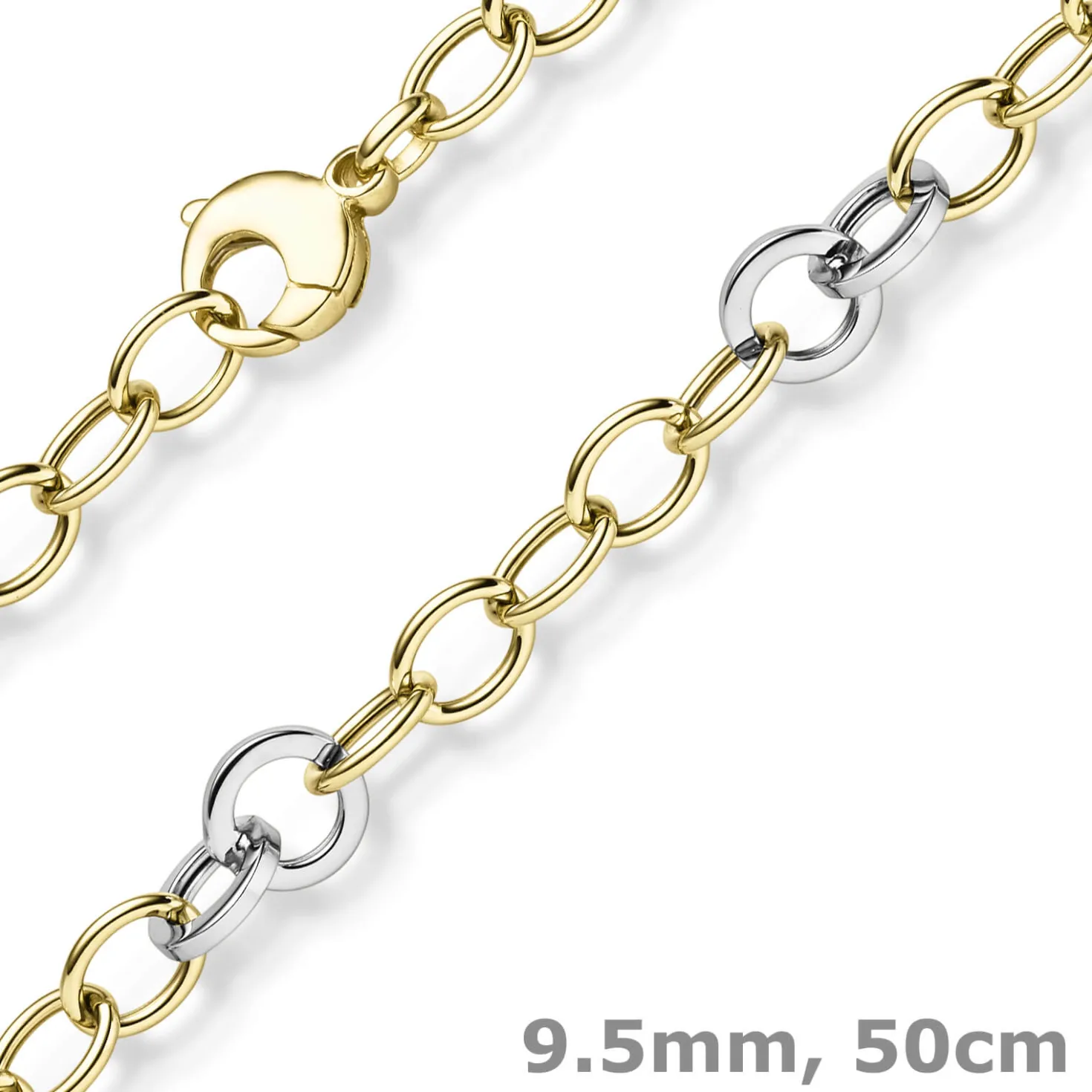 9,5mm Halskette Ringel-Kette Collier aus 585 Gold Gelbgold Weißgold bicolor 50cm