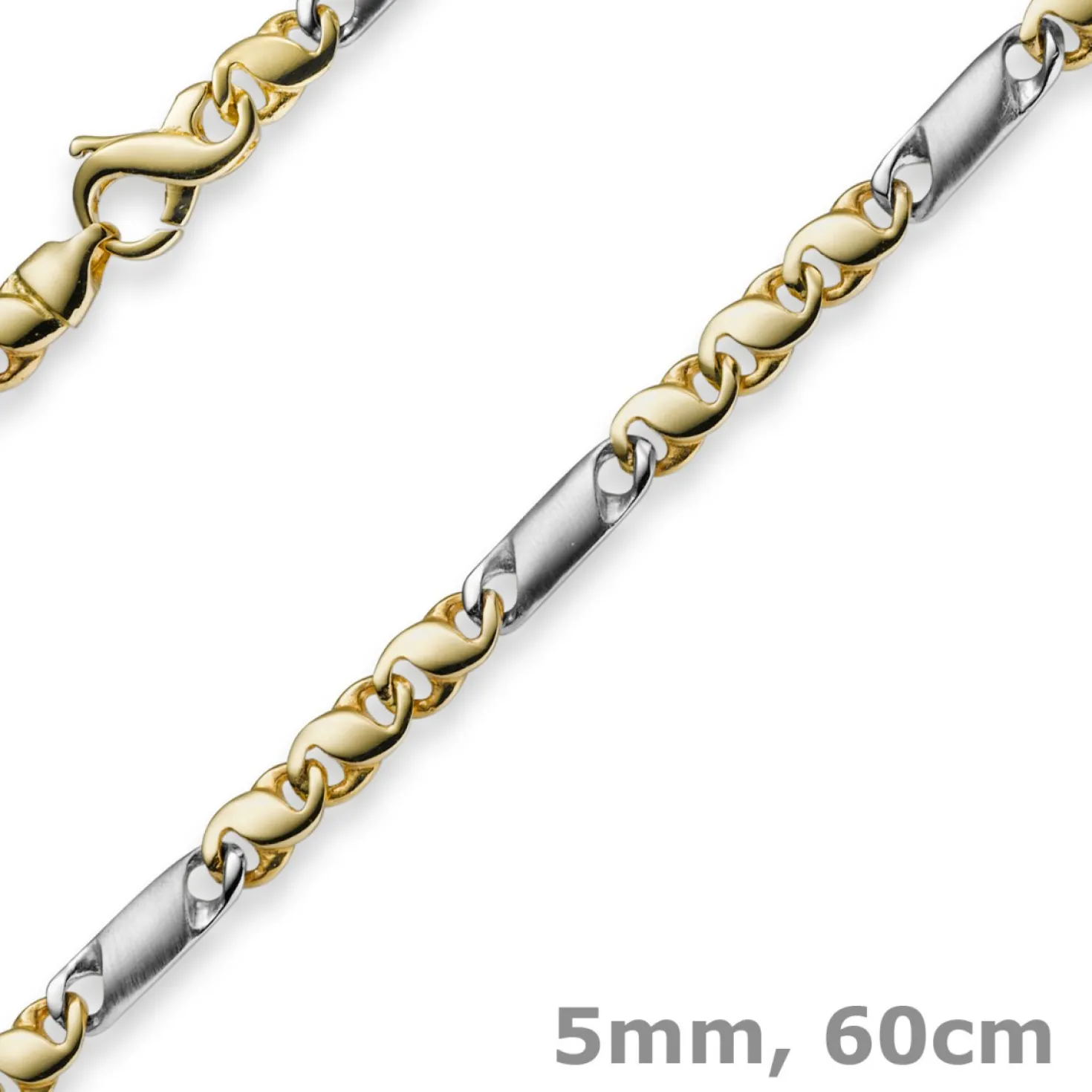 5mm Kette Collier Tigeraugekette, 585 Gold Weißgold & Gelbgold, 60cm