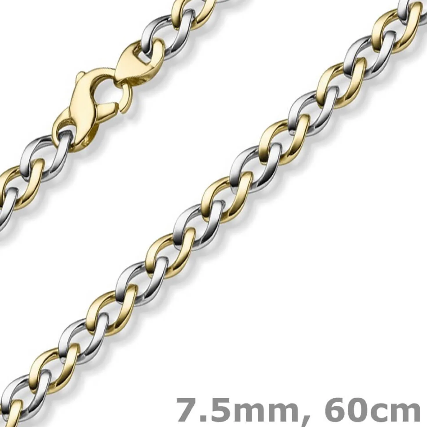 7,5mm Phantasie Halskette Collier aus 585 Gold Gelbgold Weißgold bicolor 60cm