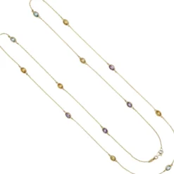 1mm Rankerkette mit Citrinen Blautopasen Amethysten, 585 Gold Gelbgold, 90cm