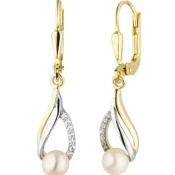Ohrhänger 7x31,1mm Süßwasser-Perlen weiß & 14 Zirkonia 333 Gold Gelbgold