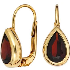 Ohrringe Boutons Granat rot dunkelrot tropfenförmig 375 Gold Gelbgold