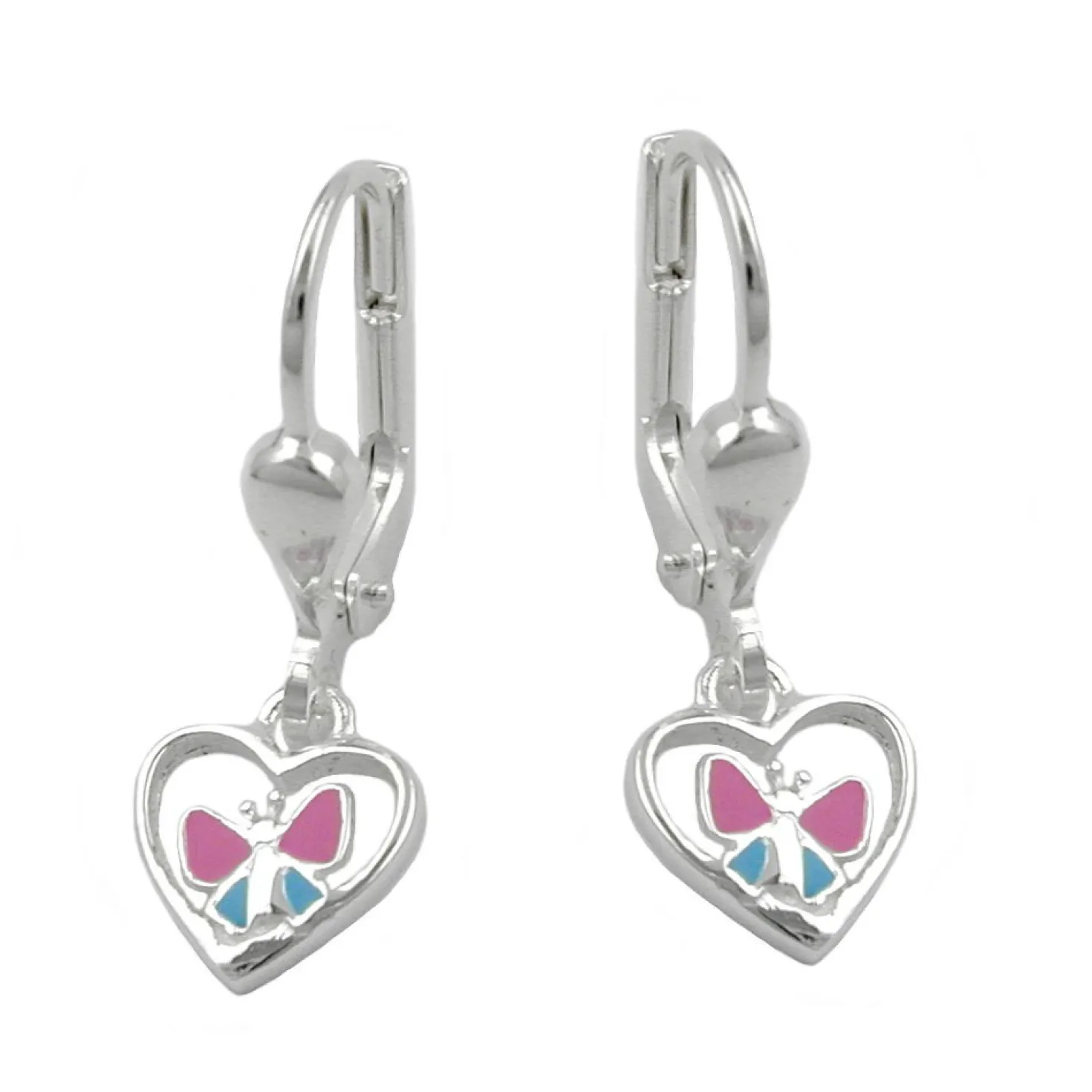 Ohrringe Brisur Herz mit Schmetterling pink blau 925 Silber Kinder