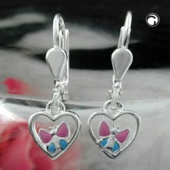 Ohrringe Brisur Herz mit Schmetterling pink blau 925 Silber Kinder