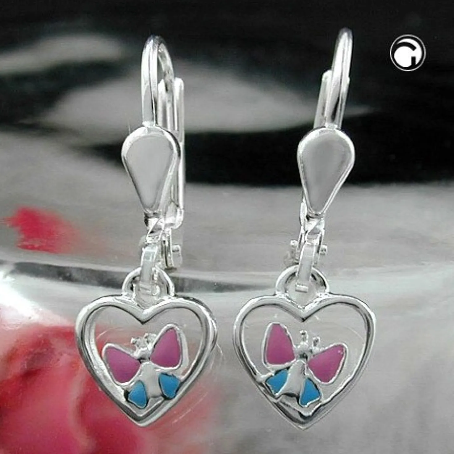 Ohrringe Brisur Herz mit Schmetterling pink blau 925 Silber Kinder