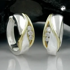 Ohrringe Creole Creolen 17x7mm mit Zirkonia 925 Silber bicolor schlicht Damen
