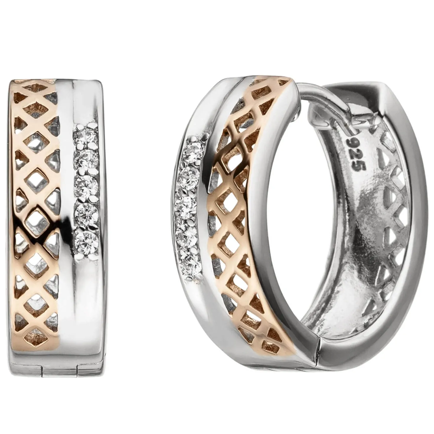 Ohrringe Creolen 15,6x5,1mm mit 10 Zirkonia weiß 925 Silber vergoldet bicolor