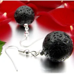 Ohrringe Ohrhänger aus echter Lava Kugel Ø14mm & 925 Silber, schwarz, mit Poren