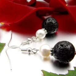 Ohrringe Ohrhänger aus Lava & Perlen, 925 Silber, schwarz-weiß