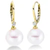 Ohrschmuck 750 Gelbgold 2 Süßwasser-Perlen 9,5mm weiß 2 Brillanten 0,09ct W-SI