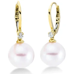 Ohrschmuck 750 Gelbgold 2 Süßwasser-Perlen 9,5mm weiß 2 Brillanten 0,09ct W-SI