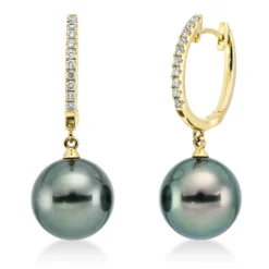 Ohrschmuck Ohrringe aus 750 Gelbgold 2 Tahiti-Perlen 9,5mm dunkel mit Brillanten