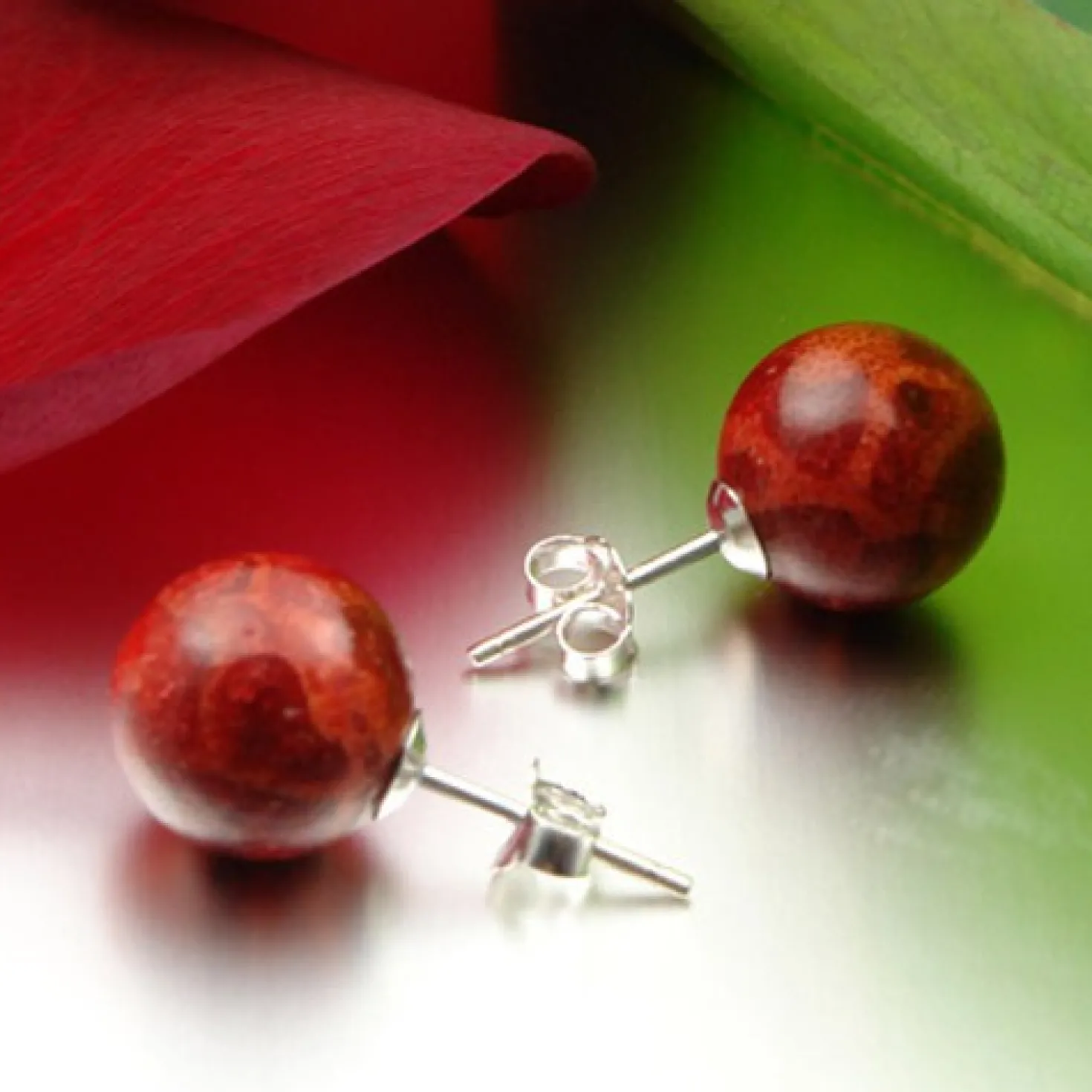 Ohrstecker aus Koralle Schaumkoralle Ø10mm 925 Silber Ohrschmuck Kugel rot-braun