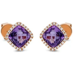 Ohrstecker aus 750 Rotgold 2 Amethyste 3,2ct lila 48 Brillanten 0,15ct TW-SI 9x9mm