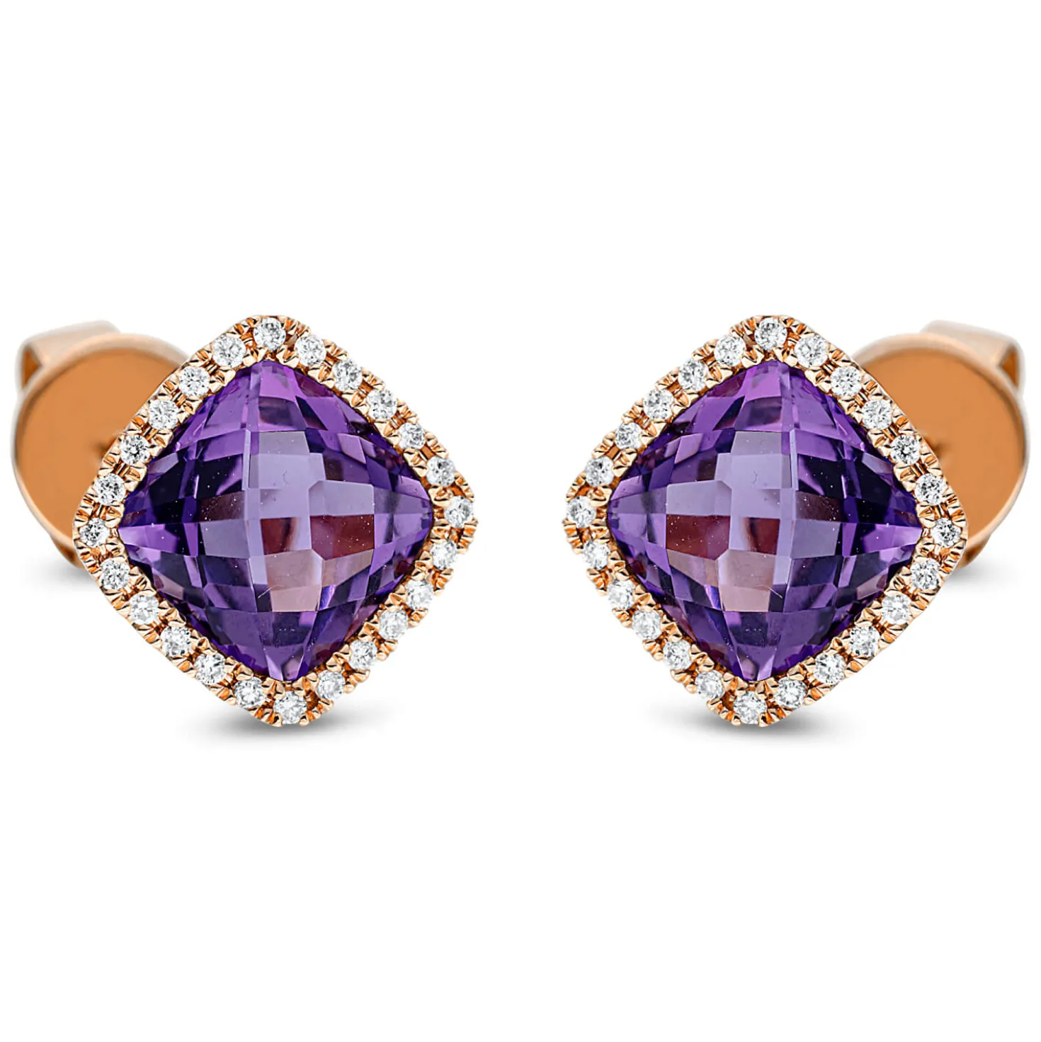 Ohrstecker aus 750 Rotgold 2 Amethyste 3,2ct lila 48 Brillanten 0,15ct TW-SI 9x9mm