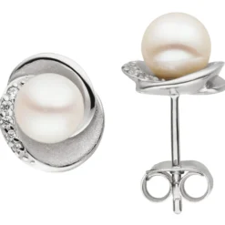 Ohrstecker aus 925 Silber rhodiniert mit Süßwasser Perlen & 10 Zirkonia Ohrringe