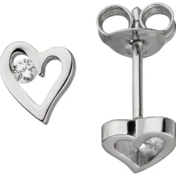 Ohrstecker Herzen mit 2 Zirkonia weiß 925 Silber rhodiniert Ohrschmuck Damen