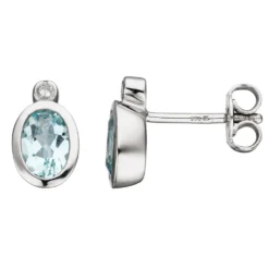 Ohrstecker mit Diamanten 0.02Ct Aquamarin hellblau 585 Gold Weißgold oval