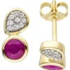 Ohrstecker mit Rubin rot & 18 Zirkonia weiß 333 Gold Gelbgold Kreis & Tropfen