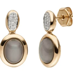 Ohrstecker Mondstein-Cabochons 32 Diamanten 0.16Ct 585 Rotgold Rosegold