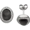 Ohrstecker Mondstein-Imitation schwarz mit Wölbung oval 44 Zirkonia 925 Silber