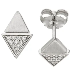 Ohrstecker Ohrringe Dreiecke mit weißen Zirkonia, 925 Silber rhodiniert teilmatt