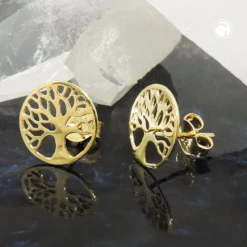 Ohrstecker Ohrschmuck 10mm Lebensbaum glänzend, rund, 375 Gold Gelbgold
