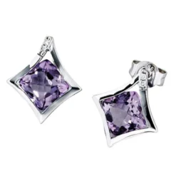 Ohrstecker Stecker Amethyst & 4 Diamanten 0.02Ct W/SI Brillanten 585 Weißgold