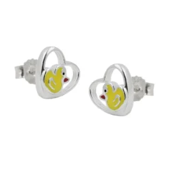 Ohrstecker Stecker, kleine Ente im Herz, gelb lackiert, 925 Silber