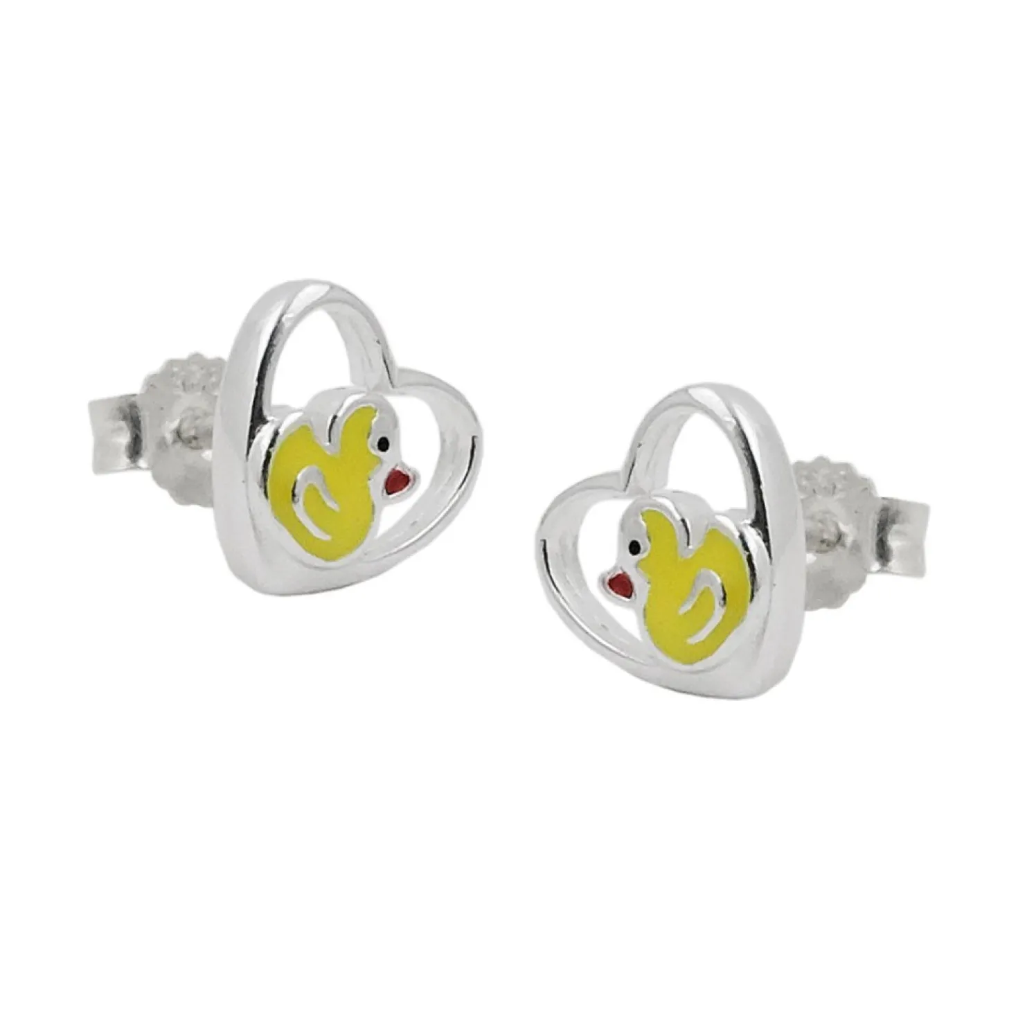 Ohrstecker Stecker, kleine Ente im Herz, gelb lackiert, 925 Silber