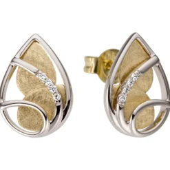 Ohrstecker Tropfen 585 Gold Gelbgold & Weißgold 8 Diamanten 0.04Ct