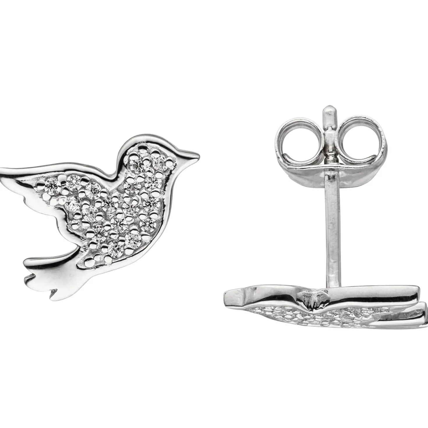 Ohrstecker Vogel aus 925 Silber flach mit 34 Zirkonia weiß Ohrschmuck Ohrringe
