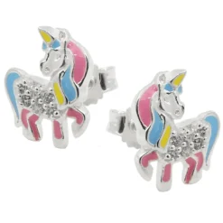 Ohrstecker 10x8mm Kinderohrringe Einhorn, farbige Einlagen Zirkonia 925 Silber