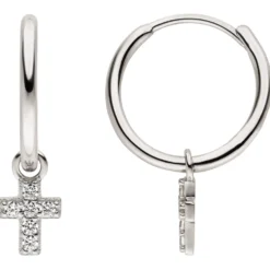 Paar Creolen Kreuz-Einhänger aus 925 Silber mit 12 Zirkonia Ohrringe